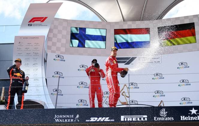 Sebastian Vettel Scuderia Ferrari at the champagne shower Formula 1 Grand Prix of Austria Red Bull Ring 01 07 2018 2018 Formula 1 Grand Prix of Austria Red Bull Ring 01 07 2018 Spielberg Copyright: xEIBNER Florian_Schustx EP_SCHUST