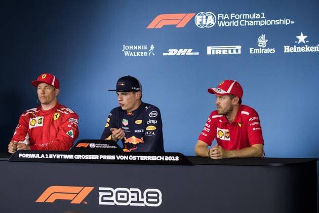 FORMULA 1 - GP of Austria 2018 SPIELBERG,AUSTRIA,01.JUL.18 - MOTORSPORTS - Grand Prix of Austria, Red Bull Ring. Image shows Kimi Raikkoenen (FIN Ferrari), Max Verstappen (NED Red Bull Racing) and Sebastian Vettel (GER Ferrari). GEPAxpictures xDanielxGoetzhaber