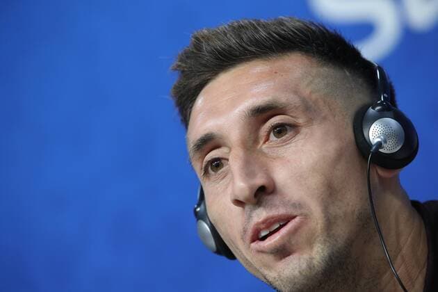 SAMARA, RUSSIA - JULY 1, 2018: Mexico s Hector Herrera during a press conference PK Pressekonferenz ahead of the 2018 FIFA World Cup WM Weltmeisterschaft Fussball Round of 16 football match against Brazil, at Samara Arena Stadium. Sergei Bobylev TASS  TS087630