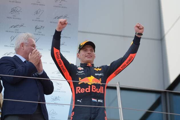 Max Verstappen Aston Martin Red Bull Racing celebrates on the podium Formula 1 Grand Prix of Austria Red Bull Ring 01 07 2018 2018 Formula 1 Grand Prix of Austria Red Bull Ring 01 07 2018 Spielberg Copyright: xEIBNER Florian_Schustx EP_SCHUST