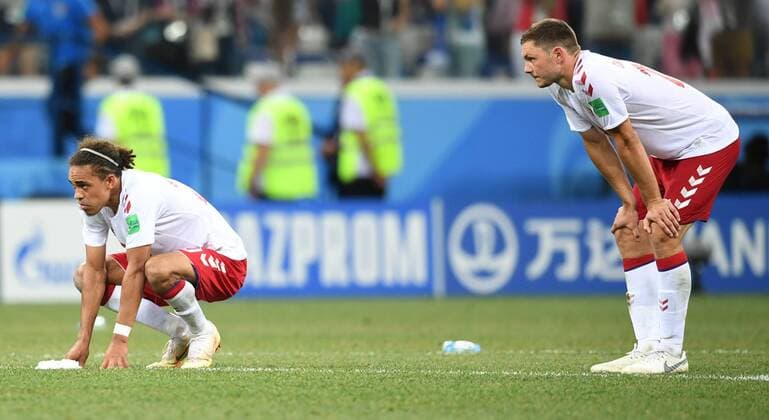 (180701) -- NIZHNY NOVGOROD, July 1, 2018 -- Yussuf Yurary Poulsen (L) of Denmark is seen after the 2018 FIFA World Cup WM Weltmeisterschaft Fussball round of 16 match between Croatia and Denmark in Nizhny Novgorod, Russia, July 1, 2018. Croatia won 4-3 (3-2 in penalty shootout) and advanced to the quarter-final.) (SP)RUSSIA-NIZHNY NOVGOROD-2018 WORLD CUP-ROUND OF 16-CROATIA VS DENMARK DuxYu 