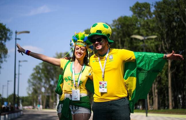 SAMARA, RUSSIA - JULY 2, 2018: Supporters of Brazil ahead of the Round of 16 football match between Brazil and Mexico at FIFA World Cup WM Weltmeisterschaft Fussball Russia 2018. Sergei Bobylev TASS  TS0878D5