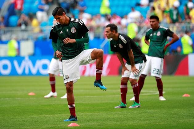 Mexican defender Hugo Ayala (L) warms up prior to the FIFA World Cup WM Weltmeisterschaft Fussball 2018 round of 16 soccer match between Croatia and Denmark, at Samara Arena in Samara, Russia, 1 July 2018. CROATIA VS. DENMARK !ACHTUNG: NUR REDAKTIONELLE NUTZUNG!  Copyright: xJosexMendezx FWC52-20 20180702-636661420762610532