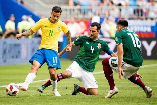 180702 Philippe Coutinho or Brazil and Rafael Marquez of Mexico during the FIFA World Cup round of 16 match between Brazil and Mexico on July 2, 2018 in Samara Photo Petter Arvidson BILDBYRAN Code PA 92081  Copyright: PETTERxARVIDSON BB180702PA031