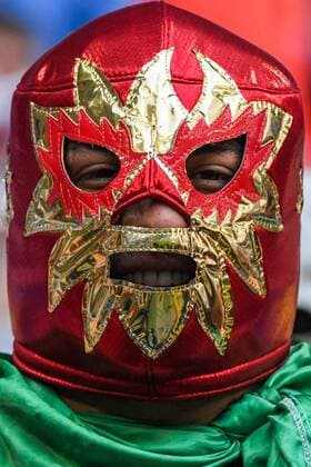2nd July 2018, Samara Arena, Samara, Russia; FIFA World Cup WM Weltmeisterschaft Fussball Football, Round of 16, Brazil versus Mexico; Mexican fan with face mask  ActionPlus12043434 UlrikxPedersen