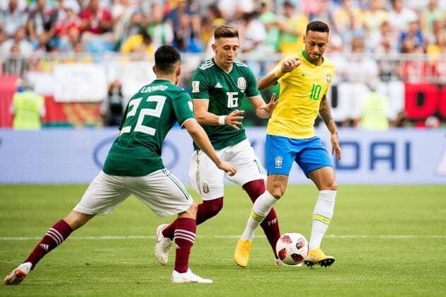 180702 Hector Herrera of Mexico and Neymar of Brazil during the FIFA World Cup round of 16 match between Brazil and Mexico on July 2, 2018 in Samara Photo Petter Arvidson BILDBYRAN Code PA 92081  Copyright: PETTERxARVIDSON BB180702PA032