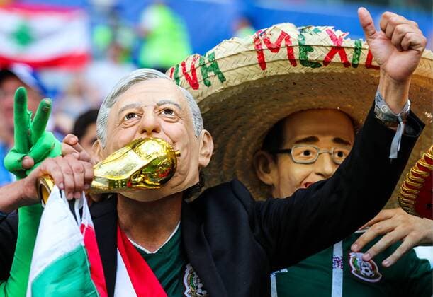 SAMARA, RUSSIA - JULY 2, 2018: Mexican football fans ahead of their team s 2018 FIFA World Cup WM Weltmeisterschaft Fussball Round of 16 match against Brazil at Samara Arena Stadium. Sergei Savostyanov TASS  TS08792E