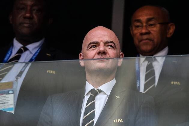 SAMARA, RUSSIA - JULY 2, 2018: FIFA President Gianni Infantino attends a 2018 FIFA World Cup WM Weltmeisterschaft Fussball Round of 16 match between Brazil and Mexico at Samara Arena Stadium. Sergei Bobylev TASS  TS08793D