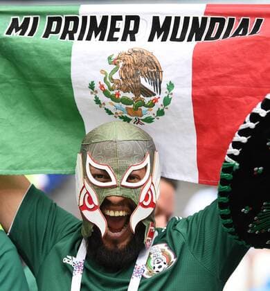 (180702) -- SAMARA, July 2, 2018 -- A fan of Mexico cheers prior to the 2018 FIFA World Cup WM Weltmeisterschaft Fussball round of 16 match between Brazil and Mexico in Samara, Russia, July 2, 2018. ) (SP)RUSSIA-SAMARA-2018 WORLD CUP-ROUND OF 16-BRAZIL VS MEXICO LixGa 