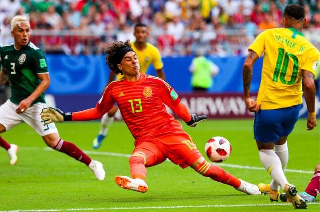 SAMARA, RUSSIA - JULY 2, 2018: Mexicoâ€™s goalkeeper Guillermo Ochoa (C) in their 2018 FIFA World Cup WM Weltmeisterschaft Fussball Round of 16 match against Brazil at Samara Arena Stadium. Sergei Savostyanov TASS  TS08795B