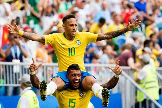 180702 Neymar and Paulinho of Brazil celebrate the 1 0 goal during the FIFA World Cup round of 16 match between Brazil and Mexico on July 2, 2018 in Samara Photo Petter Arvidson BILDBYRAN Code PA 92081  Copyright: PETTERxARVIDSON BB180702PA084