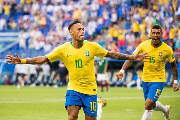 180702 Neymar and Paulinho of Brazil celebrate the 1 0 goal during the FIFA World Cup round of 16 match between Brazil and Mexico on July 2, 2018 in Samara Photo Petter Arvidson BILDBYRAN Code PA 92081  Copyright: PETTERxARVIDSON BB180702PA087