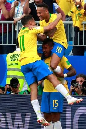 Brazilian forward Neymar (top) celebrates after scoring during the FIFA World Cup WM Weltmeisterschaft Fussball 2018 round of 16 soccer match between Brazil and Mexico, at Samara Arena in Samara, Russia, 2 July 2018. BRAZIL VS. MEXICO !ACHTUNG: NUR REDAKTIONELLE NUTZUNG!  Copyright: xJosexMendezx FWC53-180 20180702-636661482822936399