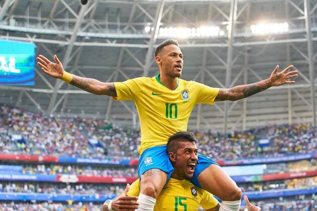 Brasil - Mexico, Soccer, Samara, July 02, 2018 NEYMAR, Bra 10 shoot goal for 1-0, celebrates his goal , Cheering, joy, emotions, celebrating, laughing, cheering, rejoice, tearing up the arms, clenching the fist, PAULINHO, BRA 15 BRASIL - MEXICO FIFA World Cup WM Weltmeisterschaft Fussball 2018 RUSSIA, Best of 16, Season 2018 2019, July 02, 2018 Stadium in Samara, Russia. Photo: MAGICS Peter Schatz
