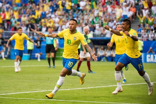 180702 Neymar and Paulinho of Brazil celebrate the 1 0 goal during the FIFA World Cup round of 16 match between Brazil and Mexico on July 2, 2018 in Samara Photo Petter Arvidson BILDBYRAN Code PA 92081  Copyright: PETTERxARVIDSON BB180702PA095