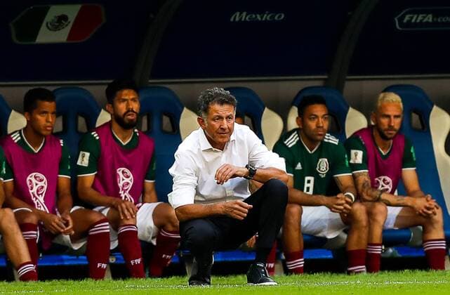SAMARA, RUSSIA - JULY 2, 2018: Head coach Juan Carlos Osorio of the Mexican team in their 2018 FIFA World Cup WM Weltmeisterschaft Fussball Round of 16 match against Brazil at Samara Arena Stadium. Sergei Savostyanov TASS  TS087946