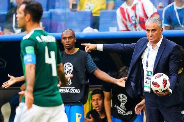 SAMARA, RUSSIA - JULY 2, 2018: Head coach Tite (Adenor Leonardo Bacchi, R) of the Brazilian team in their 2018 FIFA World Cup WM Weltmeisterschaft Fussball Round of 16 match against Mexico at Samara Arena Stadium. Sergei Bobylev TASS  TS087953
