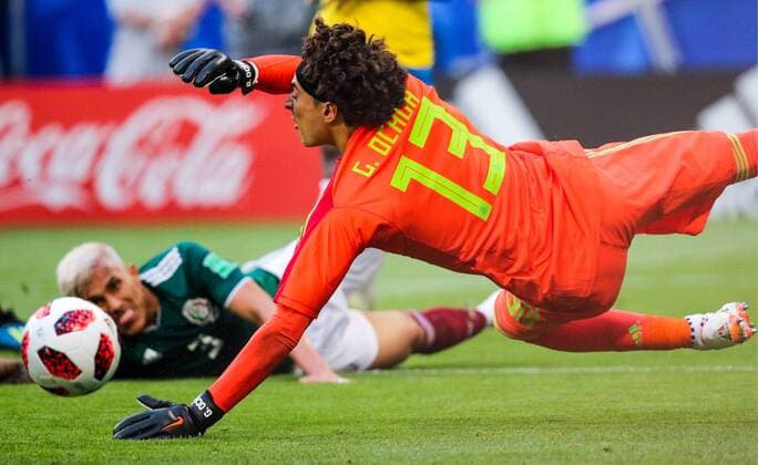 SAMARA, RUSSIA - JULY 2, 2018: Mexicoâ€™s Guillermo Ochoa (R) concedes a goal in their 2018 FIFA World Cup WM Weltmeisterschaft Fussball Round of 16 match against Brazil at Samara Arena Stadium. Sergei Bobylev TASS  TS087984