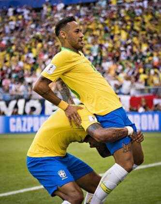 Samara 02 07 2018 Goal celebrating Paulinho Brazil takes on Brazils Neymar Brazil Mexico