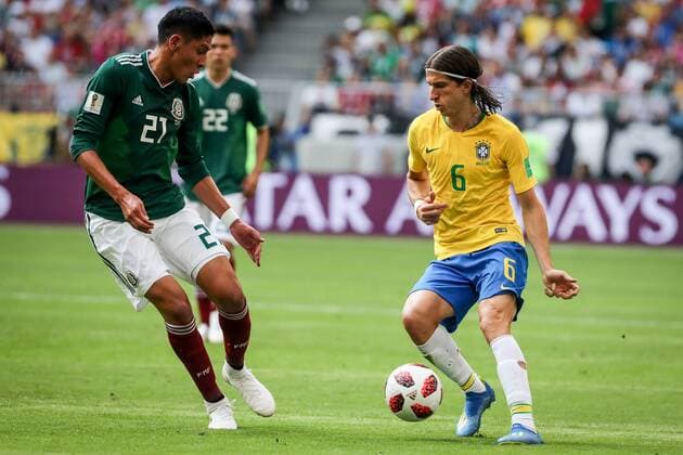Russia: World Cup 2018 Brazil vs Mexico Sofyan Amrabat of Morocco and Filipe Luis from Brazil during a game between Brazil and Mexico valid for the eighth round of World Cup 2018 finals, held at Arena Samara, Russia Thiago Bernardes Pacific Press Samara Vazio Russia  ThiagoxBernardesx xPacificxPress