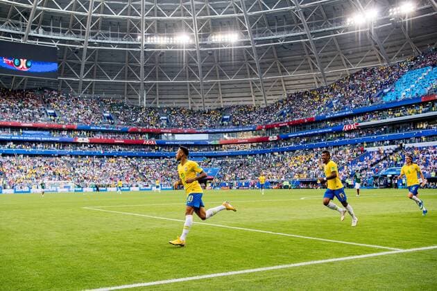 180702 Neymar of Brazil celebrates after scoring the 1 0 goal during the FIFA World Cup round of 16 match between Brazil and Mexico on July 2, 2018 in Samara Photo Petter Arvidson BILDBYRAN Code PA 92081  Copyright: PETTERxARVIDSON BB180702PA109
