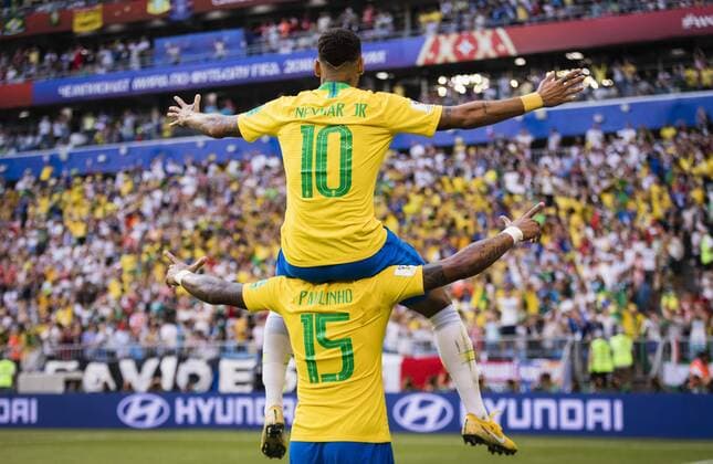 Samara 02 07 2018 Goal celebrating Paulinho Brazil takes on Brazils Neymar Brazil Mexico