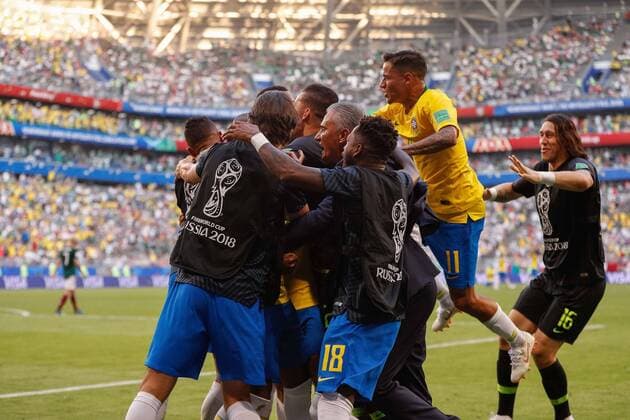 Brazil vs. Mexico SAMARA, SA - 02.07.2018: BRAZIL VS. MEXICO - Players and coach Tite celebrate the goal of Roberto Firmino of Brazil during the match between Brazil and Mexico valid for the eighth round of the 2018 World Cup held at the Samara Arena in Samara, Russia. (Photo: Marcelo Machado de Melo Fotoarena) x1560881x  MarceloxMachadoxdexMelo