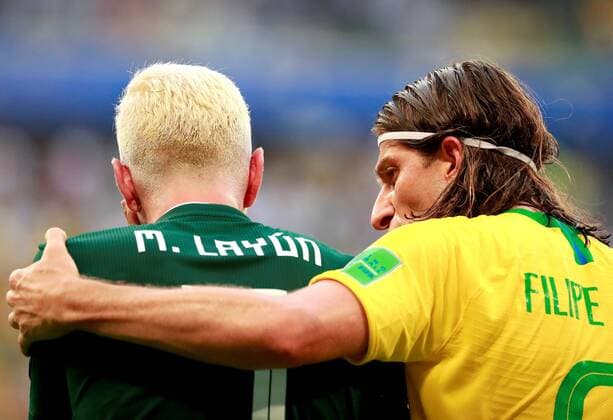 Mexican defender Miguel Layun (L) and Brazilian defender Filipe Luis at the end of the FIFA World Cup WM Weltmeisterschaft Fussball 2018 round of 16 soccer match between Brazil and Mexico, at Samara Arena in Samara, Russia, 2 July 2018. BRAZIL VS. MEXICO !ACHTUNG: NUR REDAKTIONELLE NUTZUNG!  Copyright: xJosexMendezx FWC53-268 20180702-636661509084422898