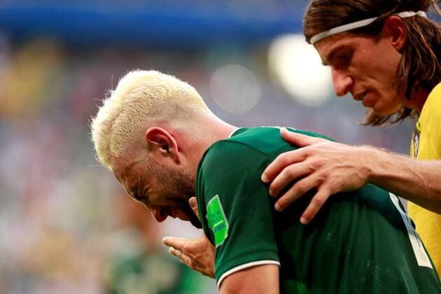 Mexican defender Miguel Layun (L) Brazilian defender Filipe Luis during the FIFA World Cup WM Weltmeisterschaft Fussball 2018 round of 16 soccer match between Brazil and Mexico, at Samara Arena in Samara, Russia, 2 July 2018. BRAZIL VS. MEXICO !ACHTUNG: NUR REDAKTIONELLE NUTZUNG!  Copyright: xJosexMendezx FWC53-271 20180702-636661510545360966
