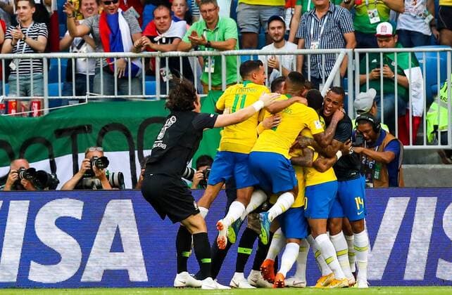 SAMARA, RUSSIA - JULY 2, 2018: Brazilian players celebrate scoring against Mexico in their 2018 FIFA World Cup WM Weltmeisterschaft Fussball Round of 16 match at Samara Arena Stadium. Sergei Savostyanov TASS  TS0879B4