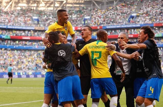 Brazil vs. Mexico SAMARA, SA - 02.07.2018: BRAZIL VS. MEXICO - Players and coach Tite celebrate the goal of Roberto Firmino of Brazil during the match between Brazil and Mexico valid for the eighth round of the 2018 World Cup held at the Samara Arena in Samara, Russia. (Photo: Marcelo Machado de Melo Fotoarena) x1560883x  MarceloxMachadoxdexMelo
