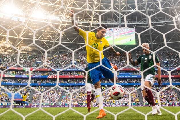 180702 Roberto Firmino or Brazil scores 2 during the FIFA World Cup round of 16 match between Brazil and Mexico on July 2, 2018 in Samara Photo Petter Arvidson PICTURE BODY N Code PA AI180702 53f  Copyright: PETTERxARVIDSON BB180702PA151
