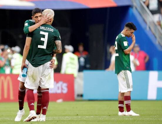 Mexican defender Edson Alvarez (L) and Mexican defender Carlos Salcedo at the end of the FIFA World Cup WM Weltmeisterschaft Fussball 2018 round of 16 soccer match between Brazil and Mexico, at Samara Arena in Samara, Russia, 2 July 2018. BRAZIL VS. MEXICO !ACHTUNG: NUR REDAKTIONELLE NUTZUNG!  Copyright: xSebastiaoxMoreirax FWC53-288 20180702-636661516318359783