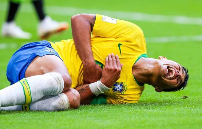SAMARA, RUSSIA - JULY 2, 2018: Brazilâ€™s Thiago Silva injured in their 2018 FIFA World Cup WM Weltmeisterschaft Fussball Round of 16 match against Mexico at Samara Arena Stadium; Brazil wins 2-0. Sergei Savostyanov TASS  TS0879C8