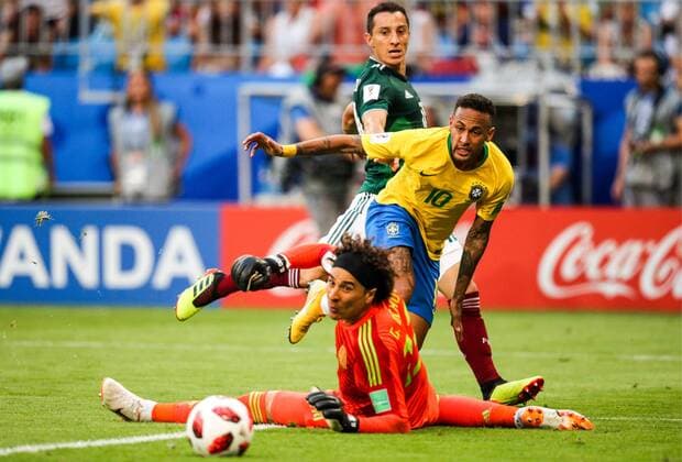 SAMARA, RUSSIA - JULY 2, 2018: Mexicoâ€™s Guillermo Ochoa (front) concedes a goal in their 2018 FIFA World Cup WM Weltmeisterschaft Fussball Round of 16 match against Brazil at Samara Arena Stadium; Brazil wins 2-0. Sergei Bobylev TASS  TS0879BE