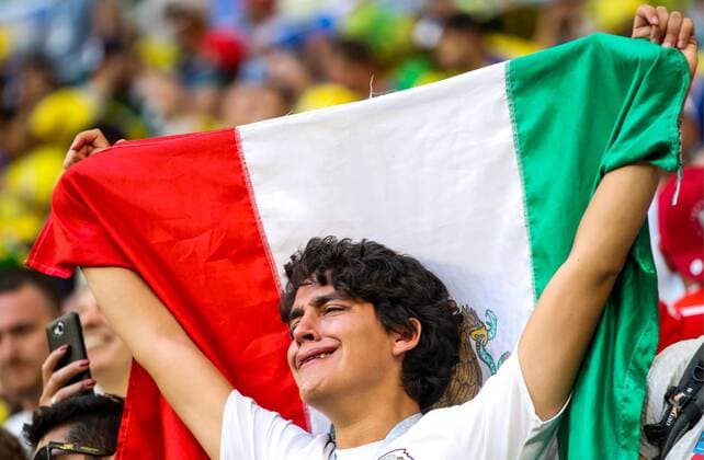 SAMARA, RUSSIA - JULY 2, 2018: A Mexican football fan after his team s 2018 FIFA World Cup WM Weltmeisterschaft Fussball Round of 16 match against Brazil at Samara Arena Stadium; Brazil wins 2-0. Sergei Bobylev TASS  TS0879DB