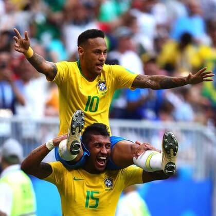 Neymar of Brazil celebrates scoring his side s opening goal with team-mate Paulinho during the 2018 FIFA World Cup WM Weltmeisterschaft Fussball Round of 16 match at Samara Arena in Samara, Russia on July 2, 2018. Brazil beat Mexico 2-0 to qualify for the quarter-finals.  SAM20180702105 CHRISxBRUNSKILL