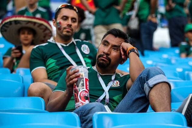 SAMARA, RUSSIA - JULY 2, 2018: Mexican football fans after their team s 2018 FIFA World Cup WM Weltmeisterschaft Fussball Round of 16 match against Brazil at Samara Arena Stadium; Brazil wins 2-0. Sergei Bobylev TASS  TS087A08