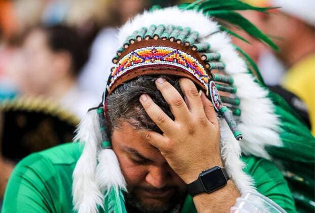 SAMARA, RUSSIA - JULY 2, 2018: A Mexican football fan aftre his team s 2018 FIFA World Cup WM Weltmeisterschaft Fussball Round of 16 match against Brazil at Samara Arena Stadium; Brazil wins 2-0. Sergei Bobylev TASS  TS087A05