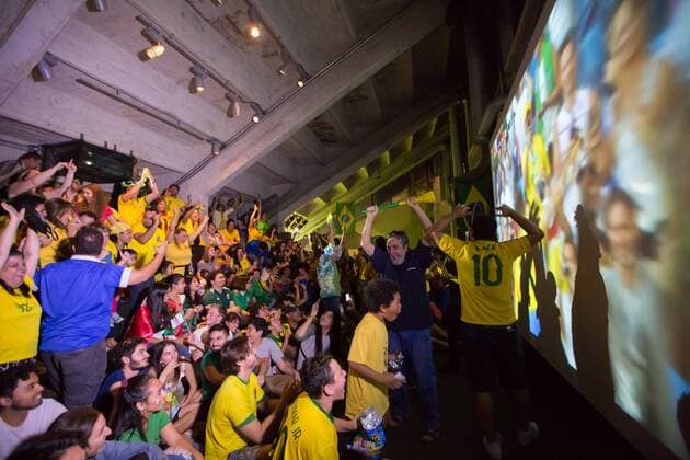 July 2, 2018 - Sao Paulo, Sao Paulo, Brazil - Brazilian fans celebrate the goal during match against Mexico, for the 2018 World Cup at the Soccer Museum of the Pacaembu Stadium, in Sao Paulo, Brazil. Soccer fans watch Brazil vs Mexico match - ZUMAl146 84193631st Copyright: xPauloxLopesx