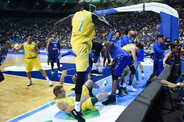 July 2, 2018 - Bulacan, Philippines - Players from benches run to their teammates who figured in a brawl during the match between Australia and the Philippines for the FIBA Asian Qualifiers held at the Philippine Arena in the province of Bulacan, north of Manila in 02 July 2018. Australia beat the Philippines by default following a brawl in the third quarter that shocked basketball fans all over the world. Philippines v Australia - FIBA Asian Qualifiers  - ZUMAn230 20180702_zaa_n230_112 Copyright: xGeorgexCalvelox