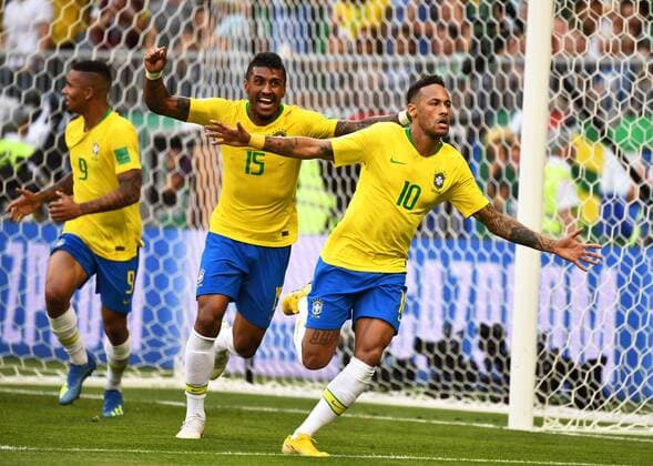 Neymar of Brazil, right, celebrates with his teammates after scoring a goal against Mexico in their Round of 16 match during the 2018 FIFA World Cup WM Weltmeisterschaft Fussball in Samara, Russia, 2 July 2018. Brazil has roared into the World Cup quarter-finals with a 2-0 victory over Mexico as Neymar shone with a goal and an assist that dumped the central Americans out at the last 16 stage for the seventh straight occasion. The PSG forward slid home in the second half and then teed up Roberto Firmino late on as the five-times champions beat an otherwise stubborn Mexico, whose World Cup began with such promise with a victory over champions Germany, but ended in familiar fashion in the first knockout round. Brazil beats Mexico 2-0 to progress as Neymar shows his brilliant best and frustrating worst  20180703_01676