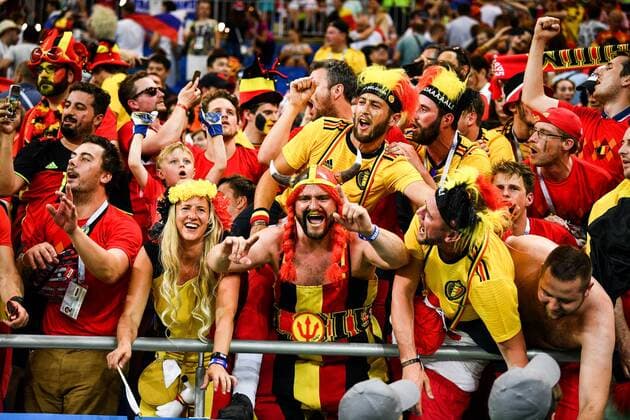 Belgian fans celebrate after Belgium defeated Japan in their Round of 16 match during the 2018 FIFA World Cup WM Weltmeisterschaft Fussball in Rostov, Russia, 2 July 2018. Belgium threw caution to the wind to reach the World Cup quarter-finals as substitute Nacer Chadli scored in the dying seconds against Japan to snatch a 3-2 comeback win and set up a clash with five-time champions Brazil. The distraught Japanese, who went 2-0 up with goals by Genki Haraguchi and Takashi Inui early in the second half, fell to the turf after Chadli poked the ball home from Thomas Meunier s cross four minutes into added time at the Rostov Arena. Belgium downs Japan with Nacer Chadli s injury time goal capping historic comeback  20180703_23516