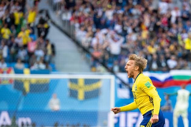 180703 Emil Forsberg of Sweden celebrates scoring 1-0during the FIFA World Cup WM Weltmeisterschaft Fussball round of 16 match between Sweden and Switzerland on July 3, 2018 in ST Petersburg. Photo: Petter Arvidson BILDBYRAN kod PA 87748 *** 180703 Emil Forsberg of Sweden celebrates scoring 1 0during the FIFA World Cup round of 16 match between Sweden and Switzerland on July 3, 2018 in St. Petersburg Photo Petter Arvidson BILDBYRAN Code PA 87748  Copyright: PETTERxARVIDSON BB180703PA074