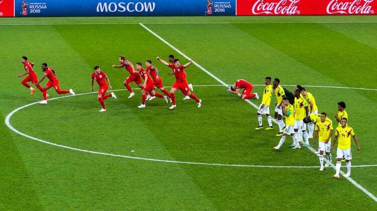 MOSCOW, RUSSIA - JULY 3, 2018: England s players celebrate their victory in the 2018 FIFA World Cup WM Weltmeisterschaft Fussball Round of 16 match against Colombia at Spartak Stadium. England won the game 4-3 in a penalty shootout. Denis Tyrin TASS  TS087E11