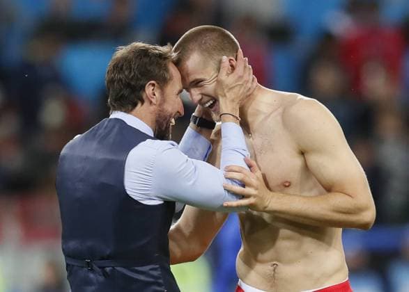 Sport Themen der Woche KW27 Sport - Bilder des Tages Gareth Southgate manager of England celebrates with Eric Dier of England during the FIFA World Cup WM Weltmeisterschaft Fussball 2018 Round of 16 match at the Spartak Stadium, Moscow. Picture date 3rd July 2018. Picture credit should read: David Klein Sportimage EDITORIAL USE ONLY. No use with unauthorised audio, video, data, fixture lists, club league logos or live services. Online in-match use limited to 120 images, no video emulation. No use in betting, games or single club league player publications.