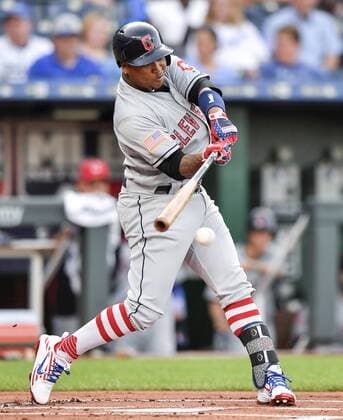 July 3, 2018 - Kansas City, MO, USA - The Cleveland Indians Jose Ramirez connects on an RBI single in the first inning against the Kansas City Royals on Tuesday, July 3, 2018, at Kauffman Stadium in Kansas City, Mo. Cleveland at Kansas City - ZUMAm67_ 20180703_zaf_m67_021 Copyright: xJohnxSleezerx