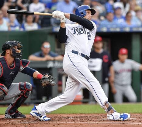 July 3, 2018 - Kansas City, MO, USA - The Kansas City Royals Lucas Duda follows through on a two-run home run in the first inning against the Cleveland Indians on Tuesday, July 3, 2018, at Kauffman Stadium in Kansas City, Mo. Cleveland at Kansas City - ZUMAm67_ 20180703_zaf_m67_023 Copyright: xJohnxSleezerx