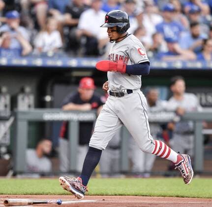 July 3, 2018 - Kansas City, MO, USA - The Cleveland Indians Francisco Lindor scores on a single by Jose Ramirez in the first inning against the Kansas City Royals on Tuesday, July 3, 2018, at Kauffman Stadium in Kansas City, Mo. Cleveland at Kansas City - ZUMAm67_ 20180703_zaf_m67_024 Copyright: xJohnxSleezerx