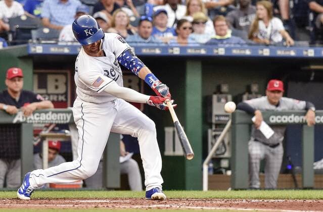 July 3, 2018 - Kansas City, MO, USA - The Kansas City Royals Whit Merrifield connects on an RBI single in the second inning against the Cleveland Indians on Tuesday, July 3, 2018, at Kauffman Stadium in Kansas City, Mo. Cleveland at Kansas City - ZUMAm67_ 20180703_zaf_m67_042 Copyright: xJohnxSleezerx